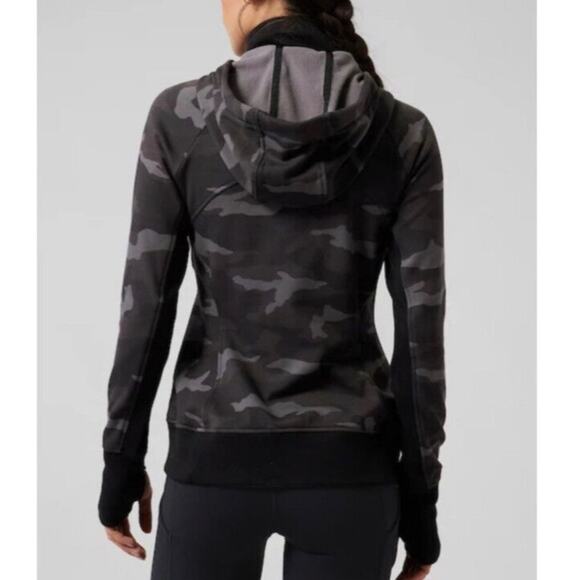 Athleta Triumph Printed Hoodie Sweatshirt Full-Zip Gray Black Camo thumb holes - Picture 5 of 10